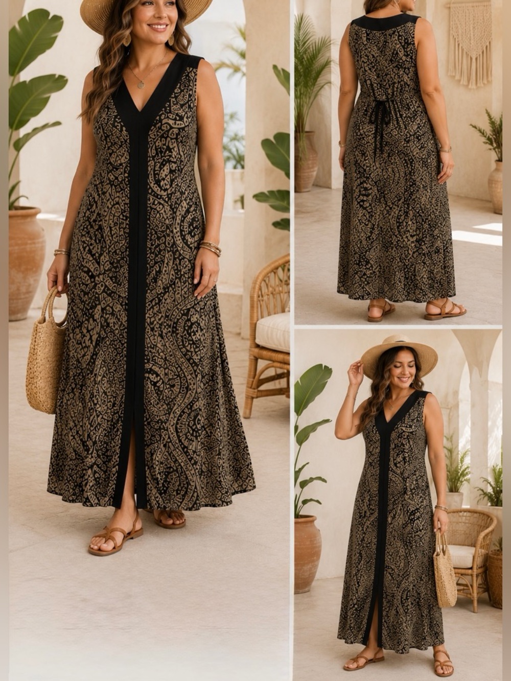D&Co Denim & Company Tribal Print Sleeveless Maxi Dress 1X Tie Back